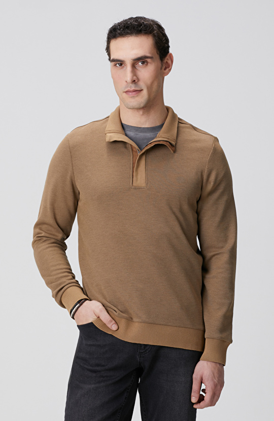 Camel Fermuarlı Yaka Garnili Sweatshirt