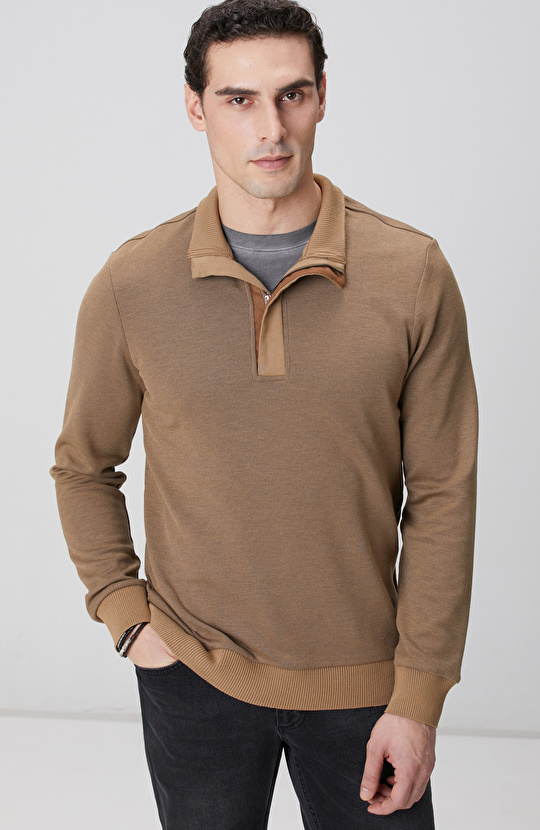 Camel Fermuarlı Yaka Garnili Sweatshirt