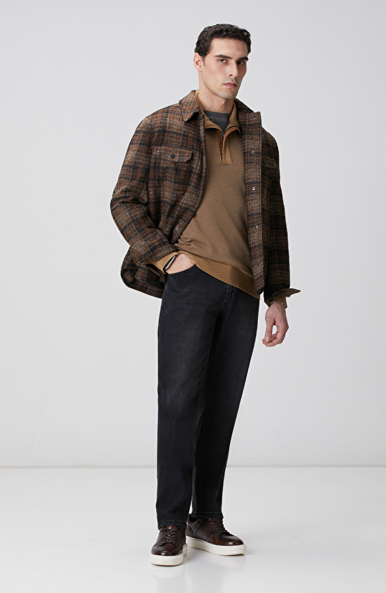 Camel Fermuarlı Yaka Garnili Sweatshirt