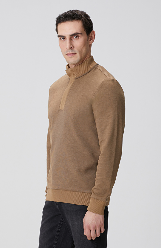 Camel Fermuarlı Yaka Garnili Sweatshirt
