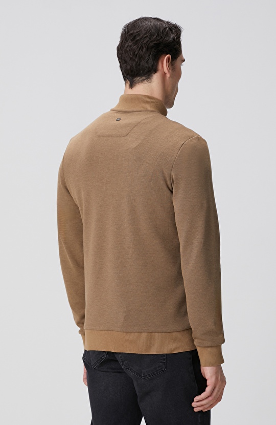 Camel Fermuarlı Yaka Garnili Sweatshirt