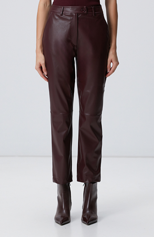 Bordo Kesik Detaylı Suni Deri Pantolon