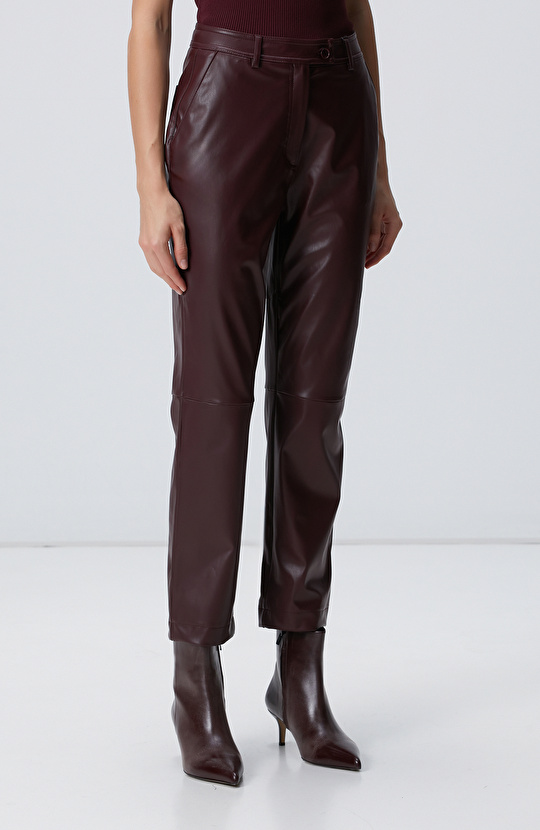 Bordo Kesik Detaylı Suni Deri Pantolon