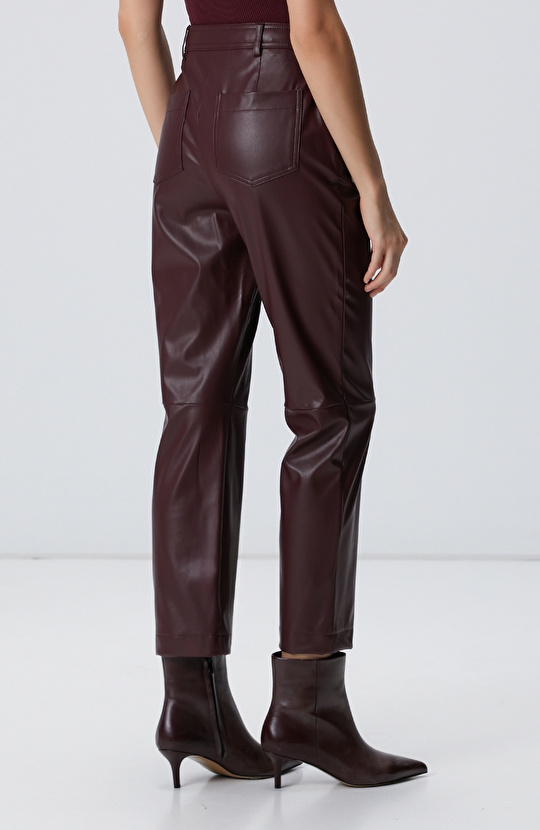 Bordo Kesik Detaylı Suni Deri Pantolon