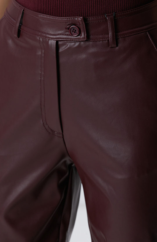 Bordo Kesik Detaylı Suni Deri Pantolon