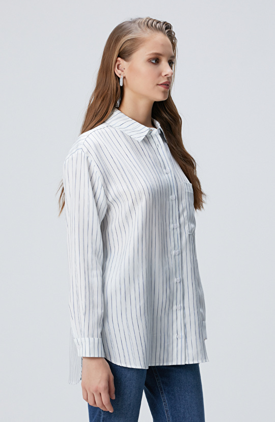 Kırık Beyaz Çizgi Desemli Geniş Kalıp Tencel Gömlek
