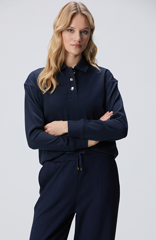 Lacivert Metal Düğmeli Sweatshirt