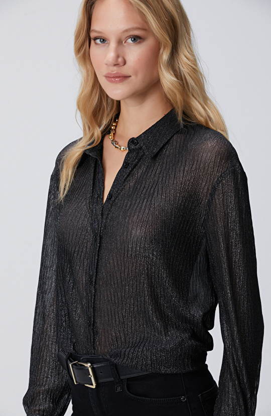 Siyah Simli Desenli Geniş Manşetli Gömlek