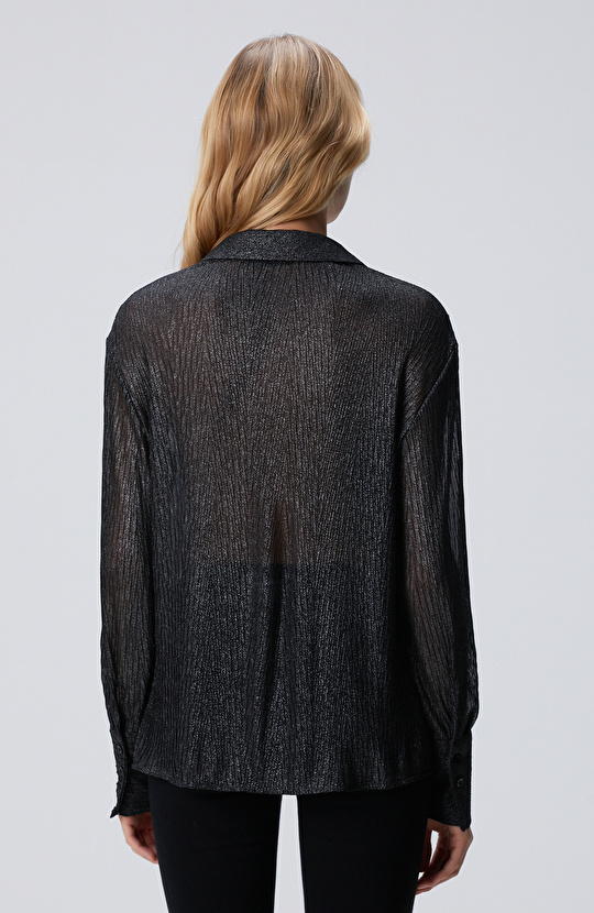 Siyah Simli Desenli Geniş Manşetli Gömlek