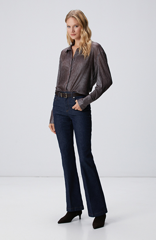 Kahverengi Simli Desenli Geniş Manşetli Gömlek