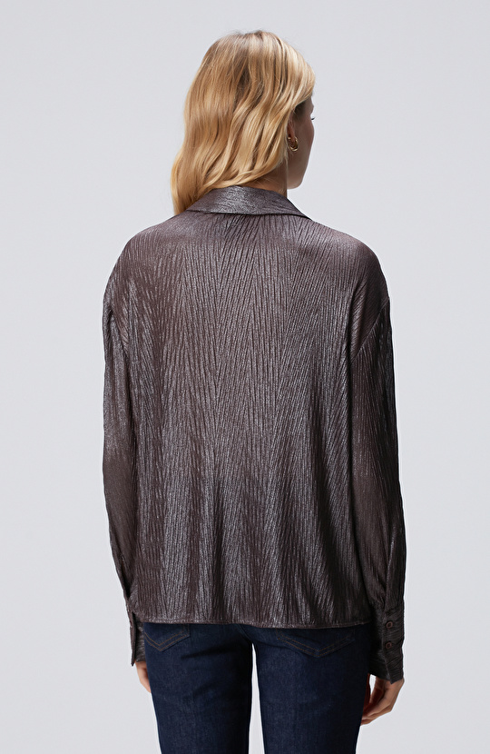 Kahverengi Simli Desenli Geniş Manşetli Gömlek