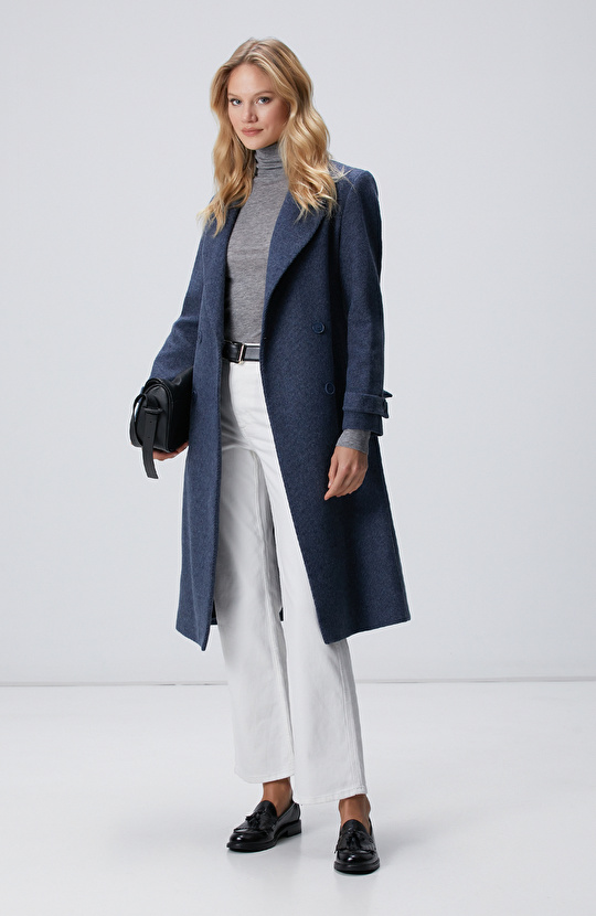 Lacivert Diyagonal Desen Kuşaklı Uzun Palto Lacivert Diyagonal Desen Kuşaklı Uzun Palto