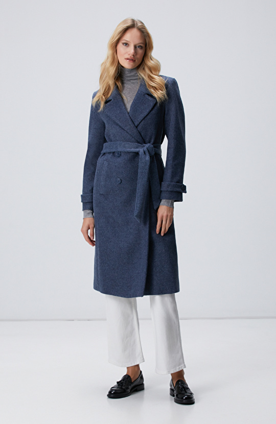 Lacivert Diyagonal Desen Kuşaklı Uzun Palto