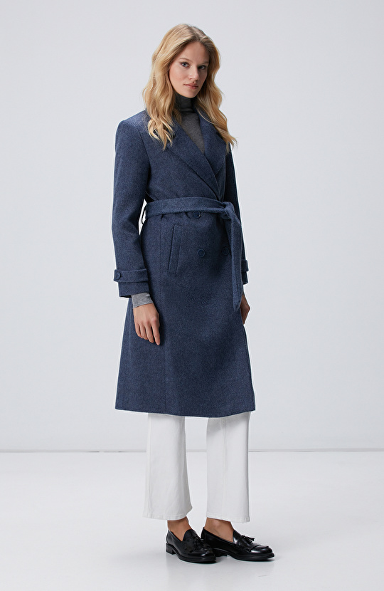 Lacivert Diyagonal Desen Kuşaklı Uzun Palto