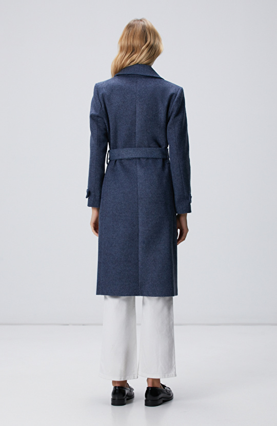 Lacivert Diyagonal Desen Kuşaklı Uzun Palto