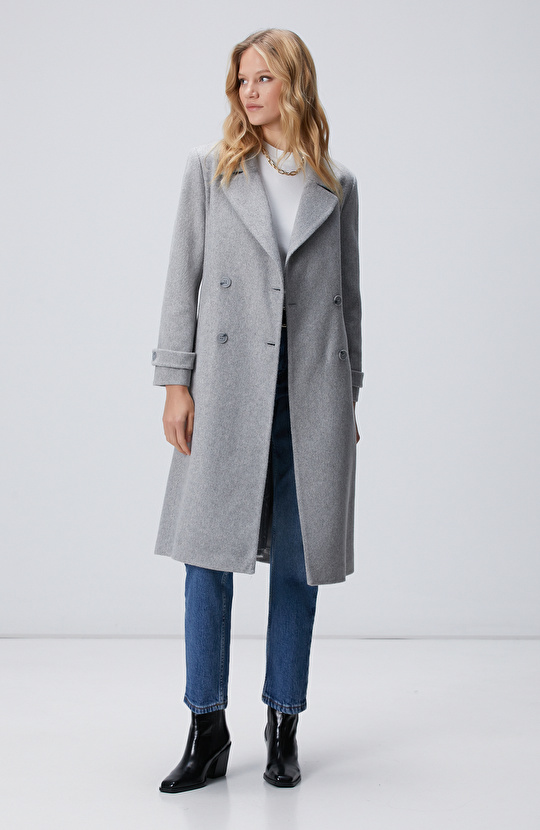 Gri Diyagonal Desen Kuşaklı Uzun Palto