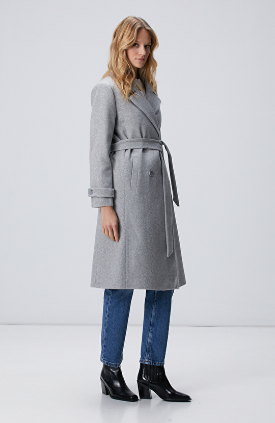 Gri Diyagonal Desen Kuşaklı Uzun Palto