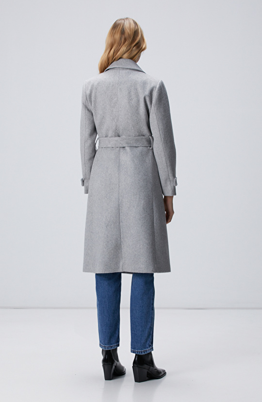 Gri Diyagonal Desen Kuşaklı Uzun Palto