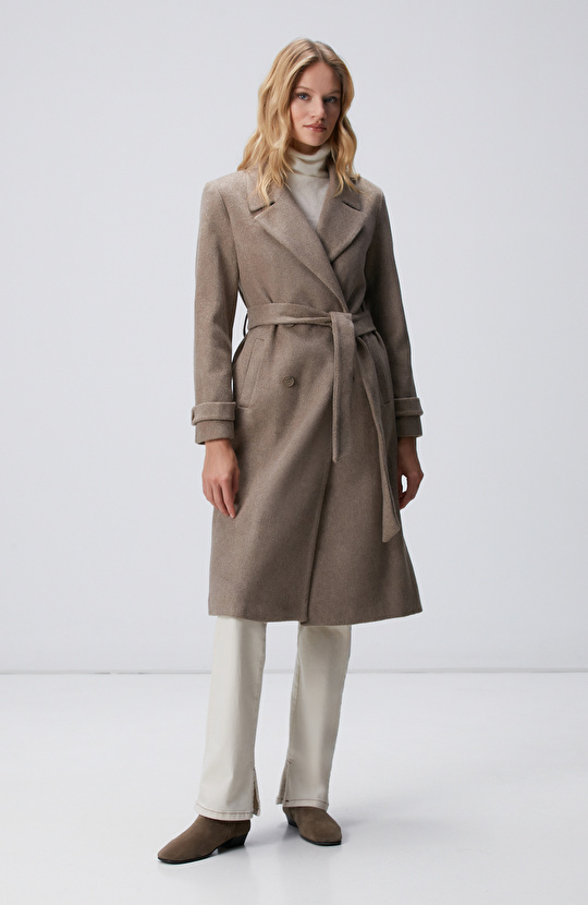 Vizon Diyagonal Desen Kuşaklı Uzun Palto