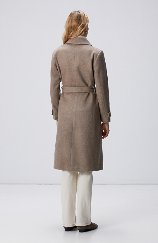 Vizon Diyagonal Desen Kuşaklı Uzun Palto