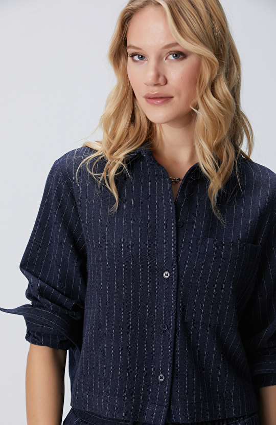 Lacivert Çizgili Yün Karışımlı Gömlek