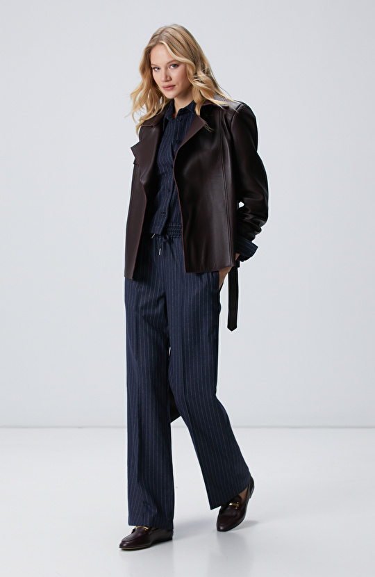 Lacivert Çizgili Yün Karışımlı Gömlek