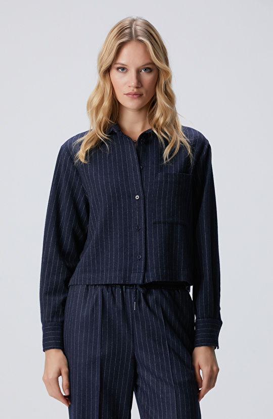 Lacivert Çizgili Yün Karışımlı Gömlek