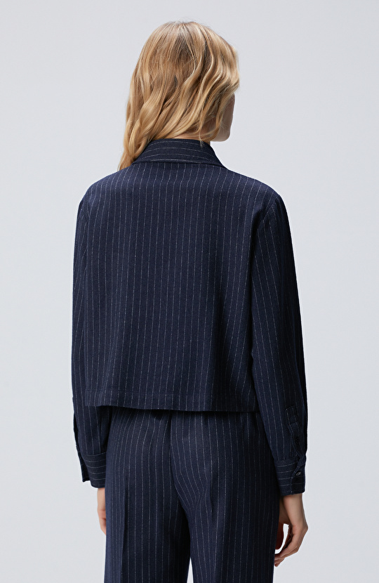 Lacivert Çizgili Yün Karışımlı Gömlek