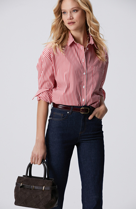 Kırmızı Beyaz Oversize Gömlek