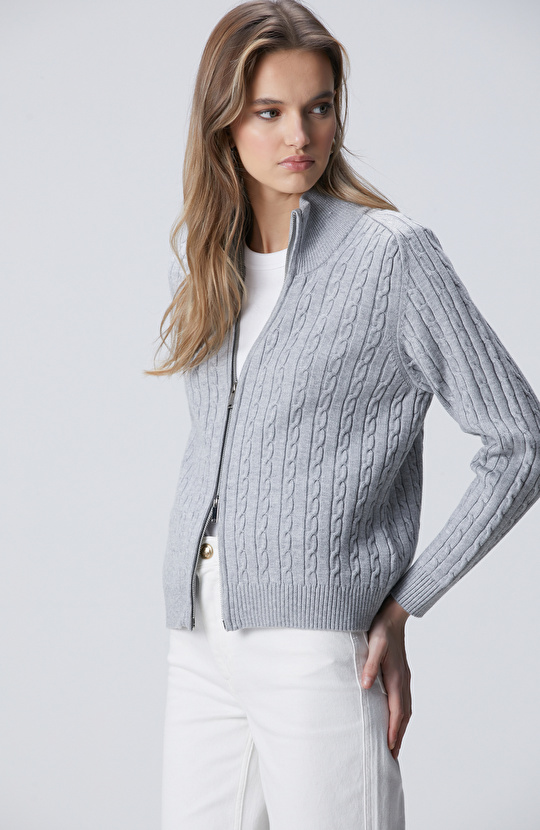 Gri Melanj Çift Yön Fermuarlı Saç Örgü Desen Hırka