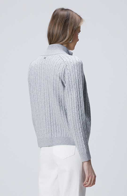 Gri Melanj Çift Yön Fermuarlı Saç Örgü Desen Hırka