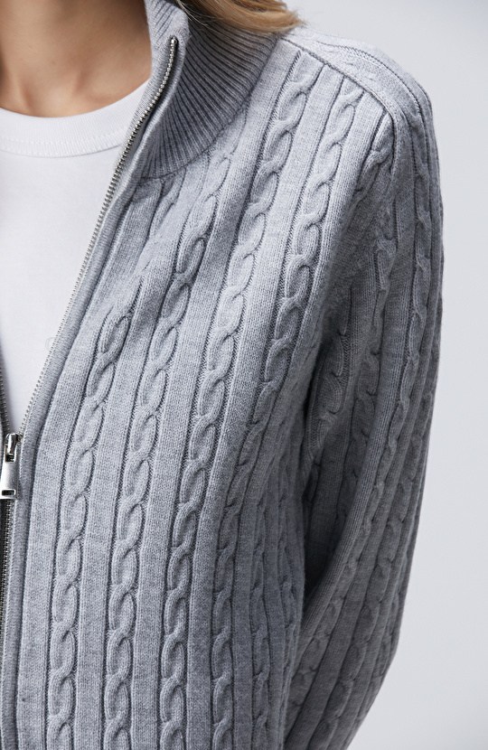 Gri Melanj Çift Yön Fermuarlı Saç Örgü Desen Hırka