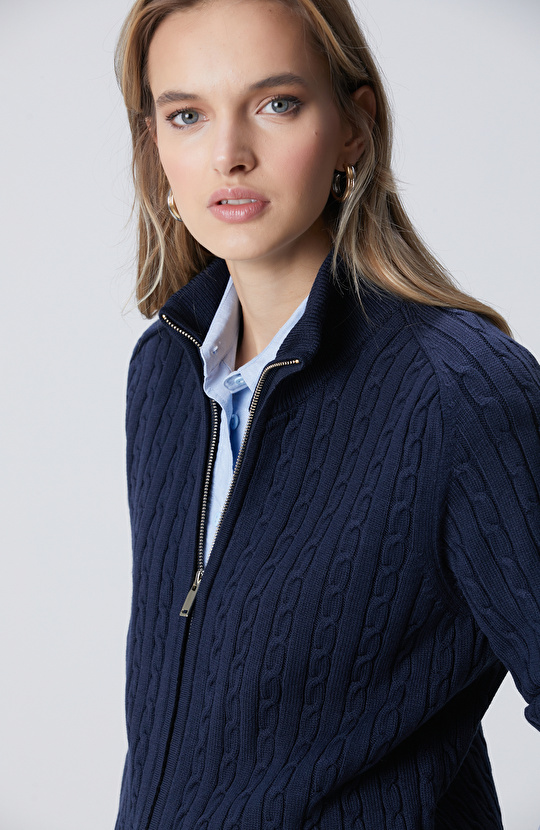 Lacivert Çift Yön Fermuarlı Saç Örgü Desen Hırka