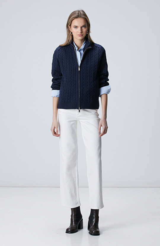 Lacivert Çift Yön Fermuarlı Saç Örgü Desen Hırka