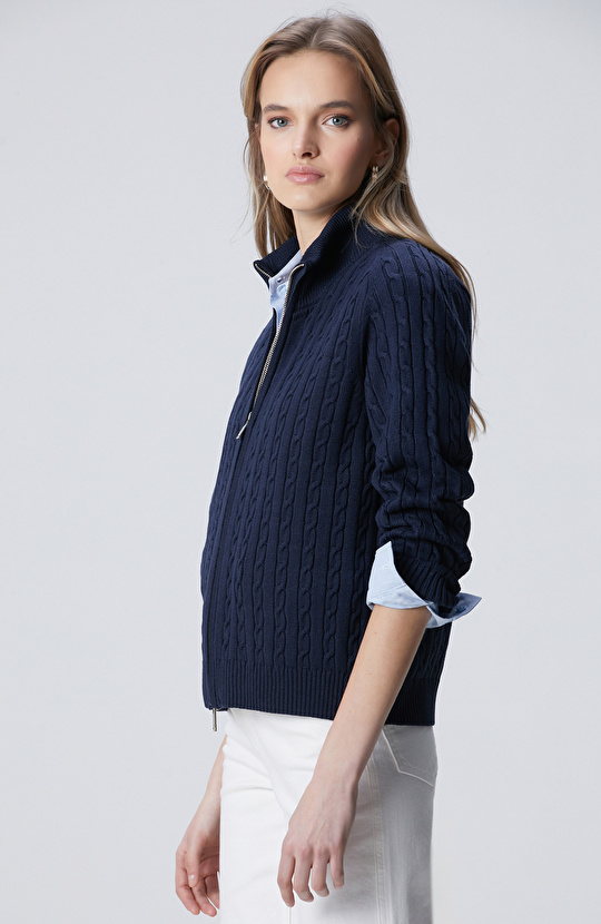 Lacivert Çift Yön Fermuarlı Saç Örgü Desen Hırka