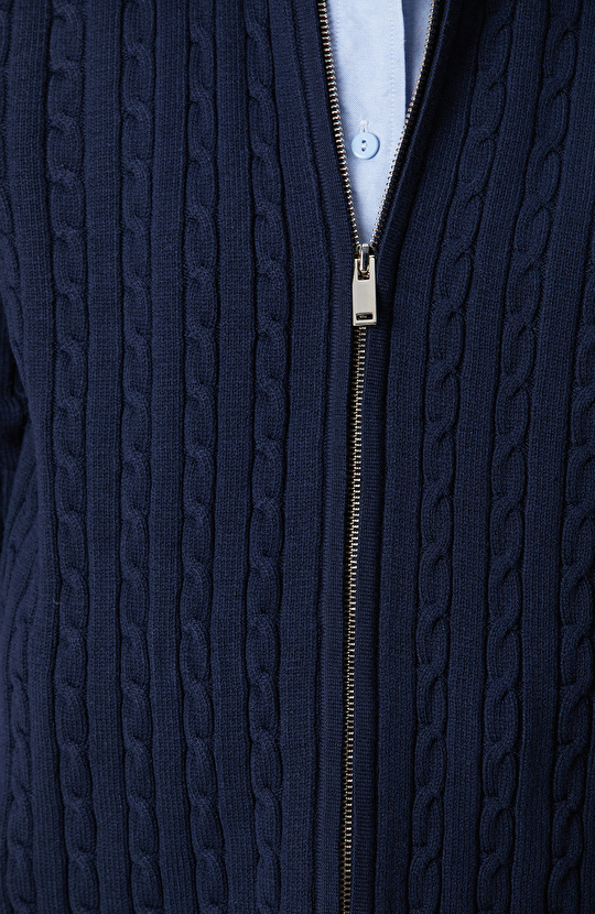 Lacivert Çift Yön Fermuarlı Saç Örgü Desen Hırka