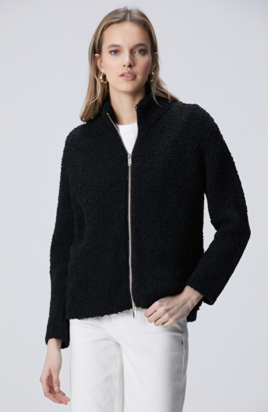 Siyah Dik Yaka Buklet İp Fermuarlı Hırka