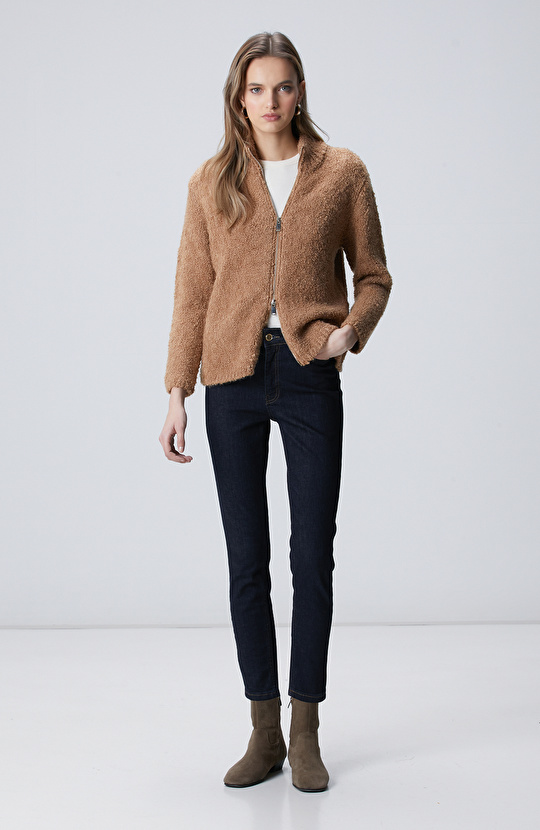 Camel Dik Yaka Buklet İp Fermuarlı Hırka