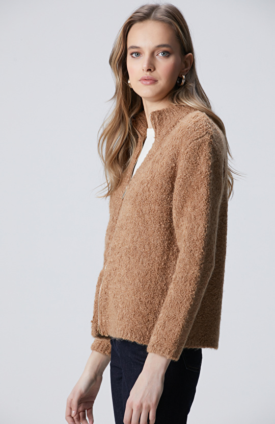 Camel Dik Yaka Buklet İp Fermuarlı Hırka