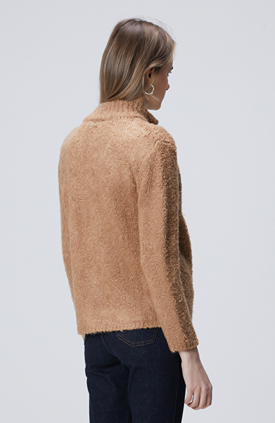 Camel Dik Yaka Buklet İp Fermuarlı Hırka