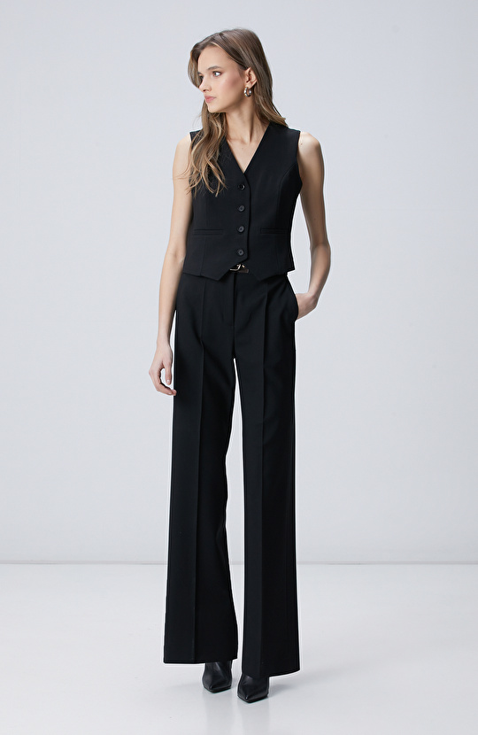 Siyah Düğme Kapama Yün Mix Düz Yelek