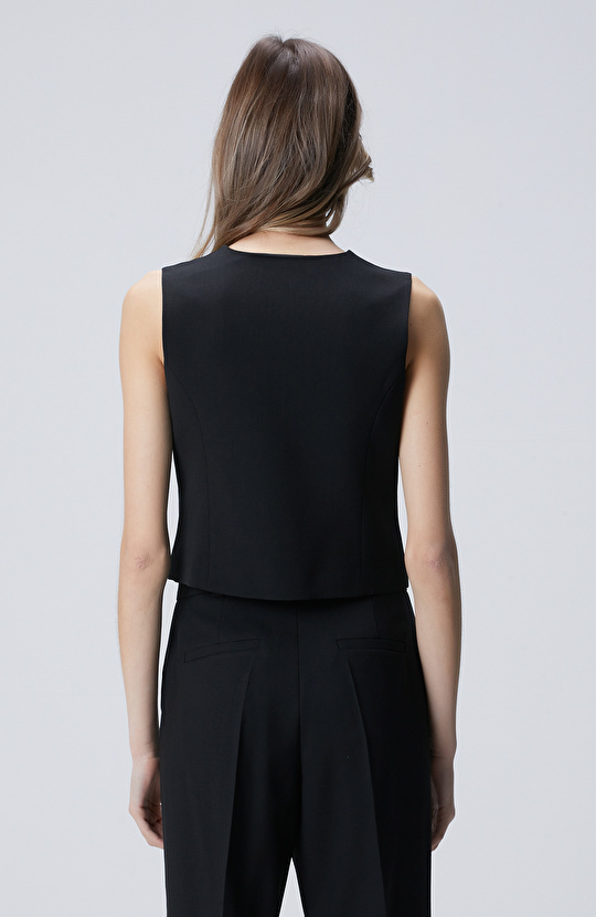 Siyah Düğme Kapama Yün Mix Düz Yelek