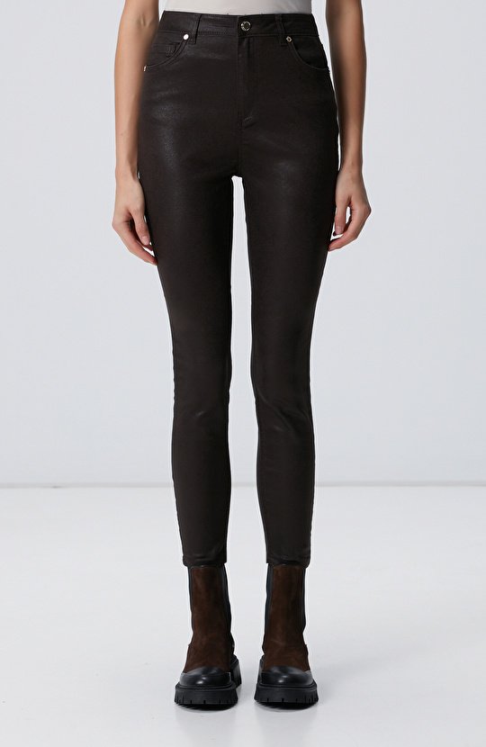 Kahverengi Desenli Baskı Kaplamalı Casual Pantolon