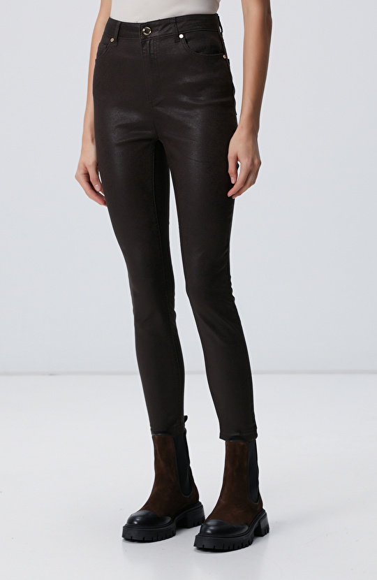 Kahverengi Desenli Baskı Kaplamalı Casual Pantolon