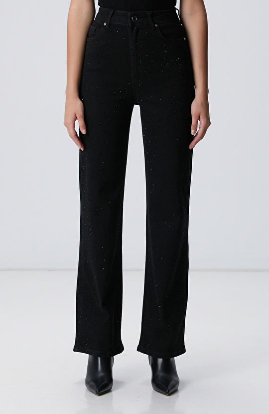 Siyah Geniş Paça Taşlı Pantolon