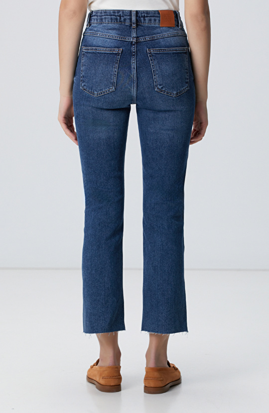 İndigo Kesik Paça Denim Pantolon