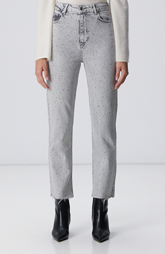 Açık Gri Taşlı Denim Pantolon