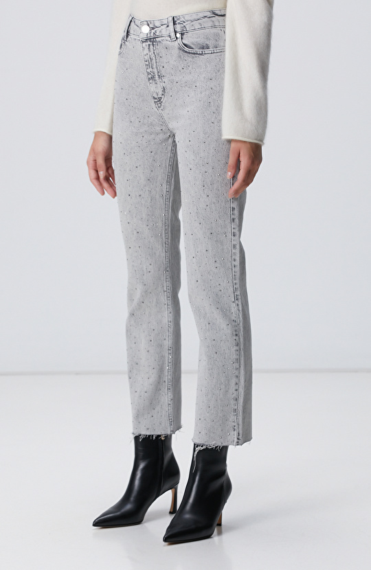 Açık Gri Taşlı Denim Pantolon