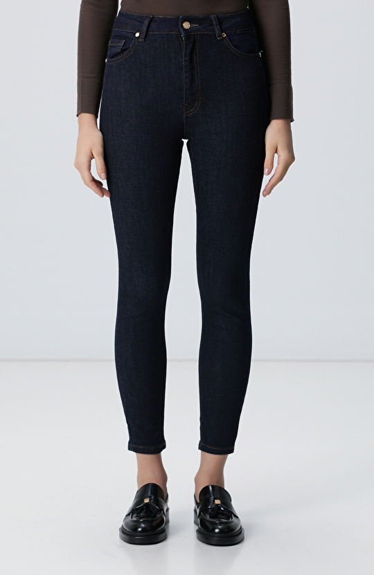 Lacivert Skinny Fit Dar Paça Raw Denim Pantolon