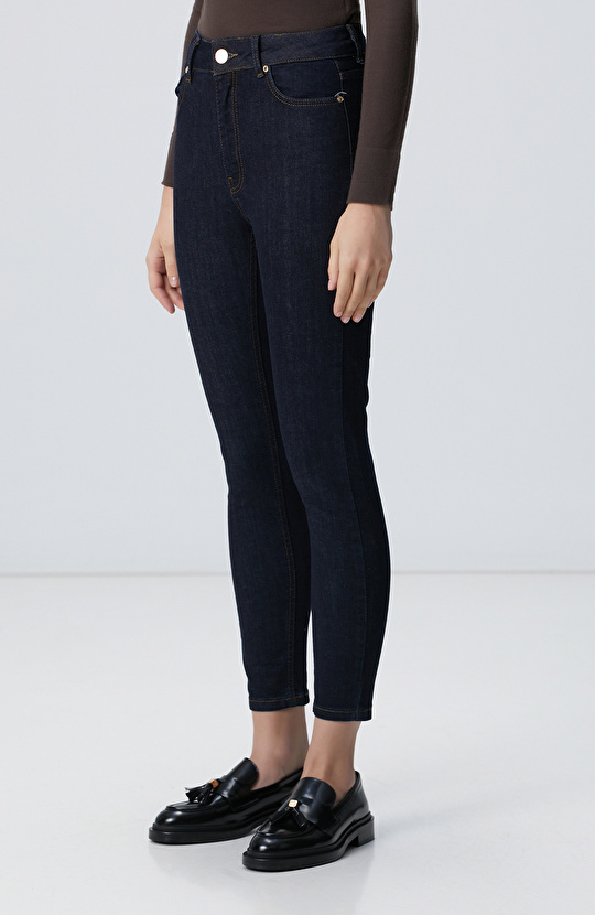 Lacivert Skinny Fit Dar Paça Raw Denim Pantolon